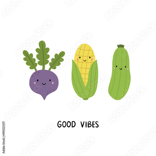 Children's poster with cute vegetables. Cartoon beets, corn, and zucchini. Vector illustration in a flat style