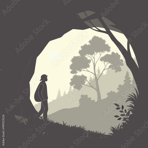 Silhouette of a man and woman walking through a summer forest landscape at sunset as the sun shines through the trees and grass in this nature illustration vector