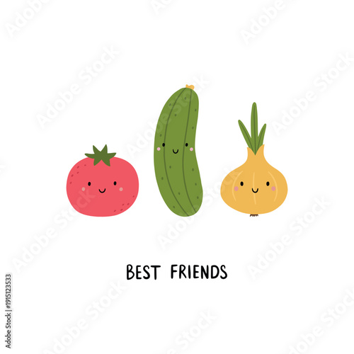 Vector postcard with cute vegetables. Cartoon tomato, cucumber, and onion. Hand drawn illustration