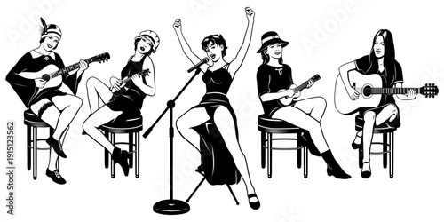 Naughty Flappers Music Band. Girls playing ukuleles, saxophone and drum. Black and white vector illustration in pop art, pin up style.