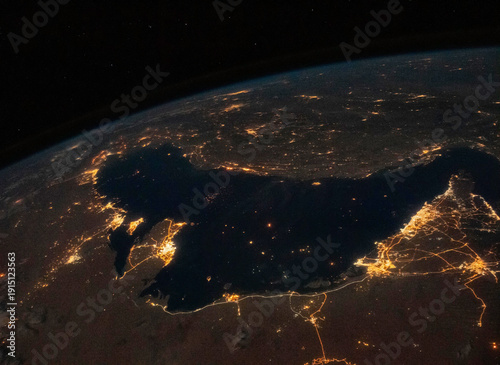 Satellite View of Persian Gulf Countries City Lights at Night From Space. Elements of this image furnished by NASA.