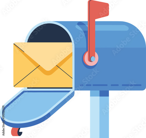 Blue mailbox with red flag and yellow envelope partially inserted
