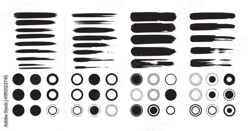 black grunge brush strokes, ink pen brushes, thick paint brush lines, and circle shapes, vector set