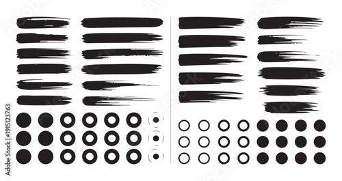black grunge brush strokes, ink pen brushes, thick paint brush lines, and circle shapes, vector set
