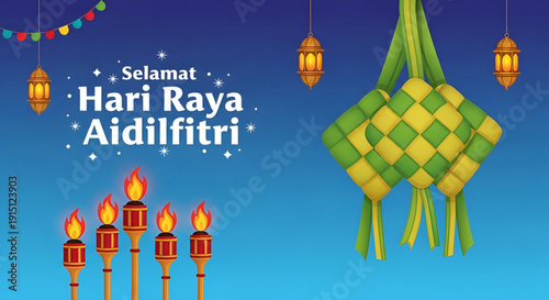 Colorful hari raya aidilfitri greeting design featuring ketupat lantern torches festive islamic celebration background for marketing banner poster vector illustration
