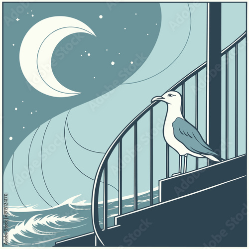 A cartoon illustration of a baby stork and a hummingbird with wings spread flying near a snowy tree branch silhouette in a winter nature wildlife vector design