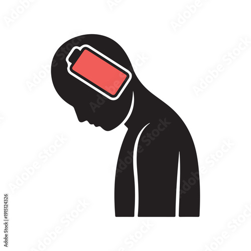 Dejected figure with a low red battery symbol in head, representing mental exhaustion