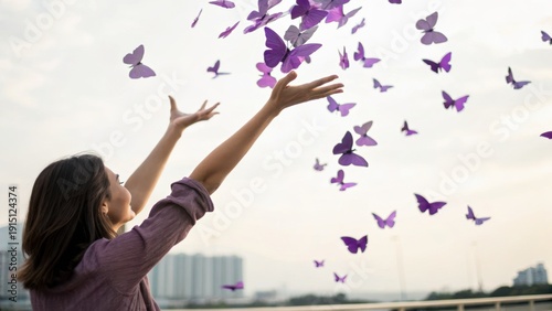 A woman releases numerous purple butterflies into the air, symbolizing freedom and transformation against an urban skyline backdrop.