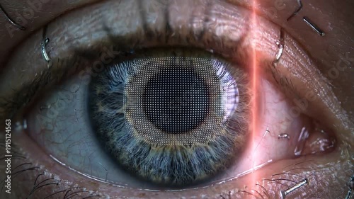 Extreme close-up of a human eye with digital biometric scanning overlay. Futuristic iris recognition technology with laser light and data grid. Cyber security concept