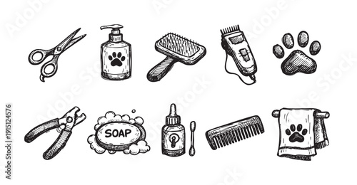 Sketch illustration of pet grooming supplies: brush, soap, shampoo, nail clippers and more. Great for pet care services promotion and advertising.