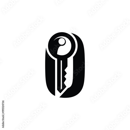 A black and white illustration of a key within a shield, symbolizing security and protection from a straightforward viewpoint.