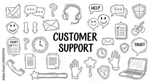 Customer support icons and symbols in a doodle style for service and communication