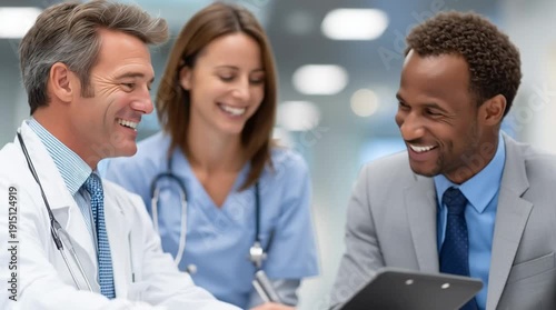Smiling multicultural medical team reviewing documents in hospital office closeup portrait representing healthcare collaboration and professional teamwork concept