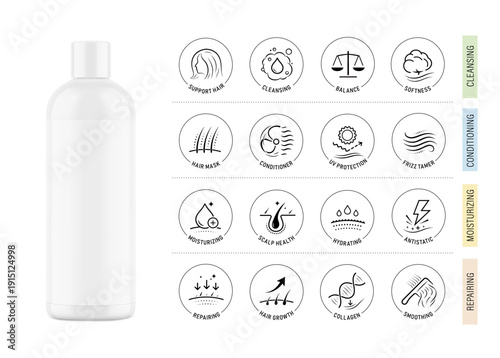High realistic disc flat top cap bottle mockup with set icons for hair health. Vector illustration isolated on white and colour background. Perfect for promoting your design. EPS10.