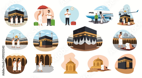 Assemblage of diverse architectural illustrations and people at various cultural landmarks and travel destinations from an aerial and street-level viewpoint