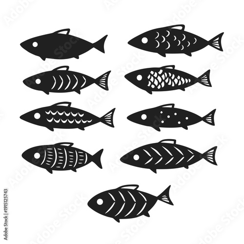A comprehensive set of isolated fish vector illustrations featuring diverse marine and river species like salmon, tuna, and carp in a cartoon silhouette style for aquatic nature and seafood icons