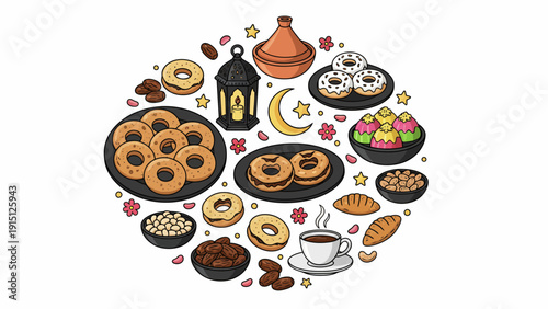 Assorted traditional Middle Eastern sweets and drinks beautifully arranged on plates and saucers in a circular pattern