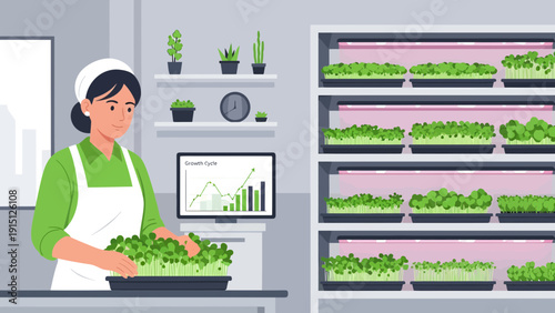 Woman tending to indoor vertical farm with leafy greens.