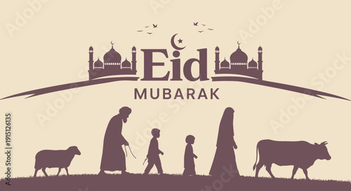 Family walking with cattle near mosque on Eid Mubarak day, a serene illustration of faith and togetherness
