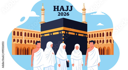 Pilgrims gathered in front of the Kaaba during Hajj 2026, illustration depicting a sacred Islamic ritual scene