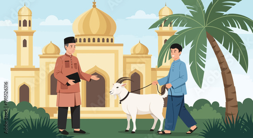 Two men walking a white goat in front of a mosque on a sunny day with palm trees
