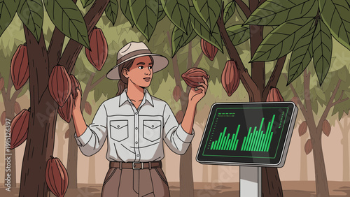 Cocoa Farmer Analyzing Data on a Digital Tablet.