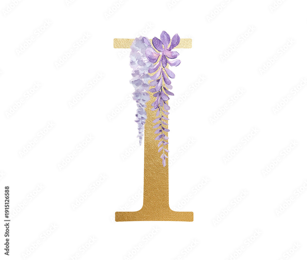 Obraz premium Watercolor Wisteria Flower with Gold Alphabet Letter I-300dpi-