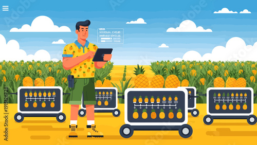 Farmer using tablet with automated harvest carts in cornfield.