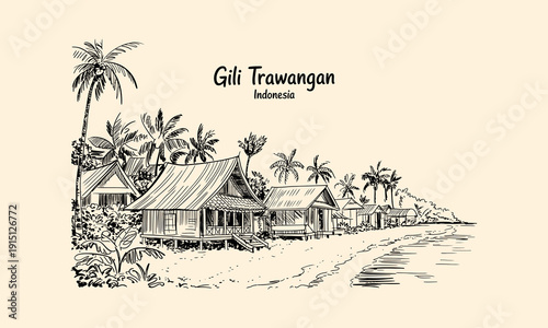 Gili Trawangan Indonesia Beach Bungalows Palm Trees Sketch 