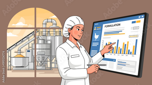 Food Production Analysis Woman in Lab Coat Examining Data.