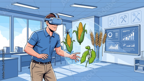Man Using VR Headset to Analyze Virtual Crops in Office.
