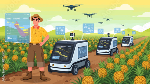 Modern Farming with Drones and Autonomous Vehicles in Pineapple Field.