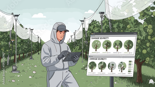 Orchard worker assessing fruit quality with digital tablet.