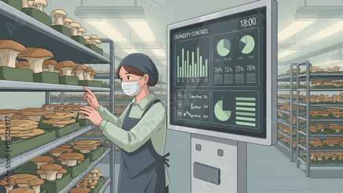 Mushroom Farm Worker Monitoring Growth Data on a Screen.