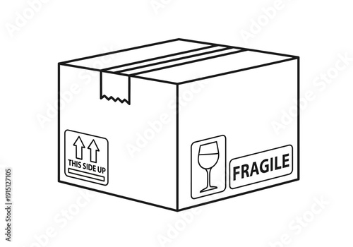 Line art drawing of a taped cardboard box with handling labels