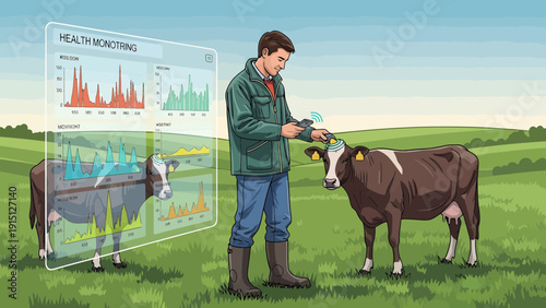 Precision Livestock Farming Farmer Monitoring Cow Health with Technology.