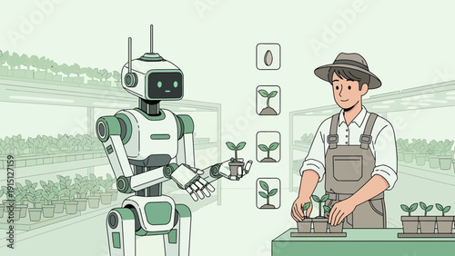 Robot and Farmer Collaborating on Plant Cultivation with Advanced Technology.