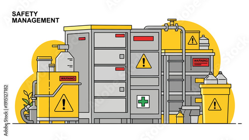Safety Management System with Hazard Signs and Storage Units.