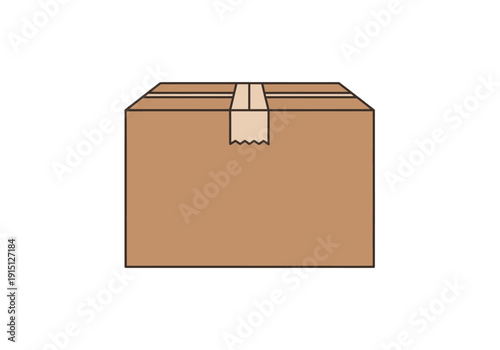 A simple illustration of a sealed brown cardboard shipping box viewed from the front