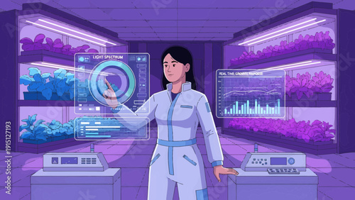 Scientist Analyzing Data in a Futuristic Indoor Vertical Farm.
