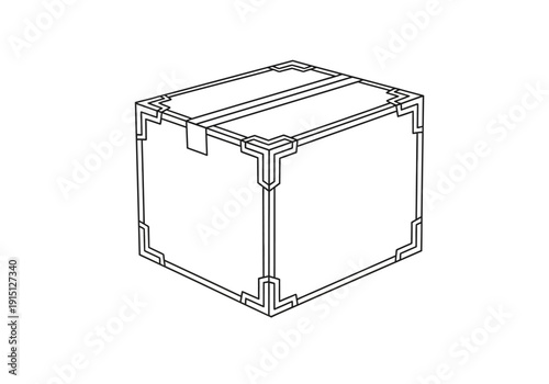 Line art of a closed stylized cubic container with corner reinforcements