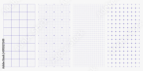 Seamless pattern set of blueprint blue grid paper. Uniform square lattices on white. Notebook backgrounds for engineering notes and architectural pages.