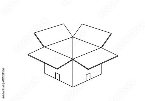 Line drawing of an open cardboard box shown in isometric perspective