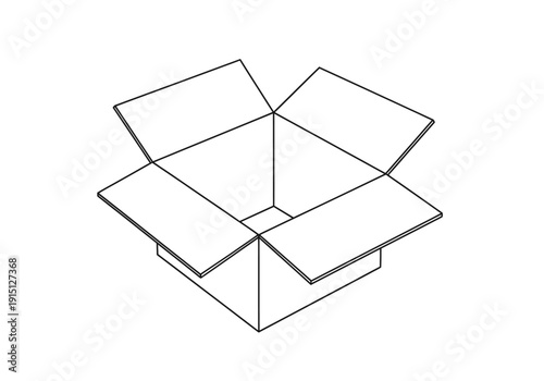 Line art drawing of an open empty cardboard shipping box viewed from above
