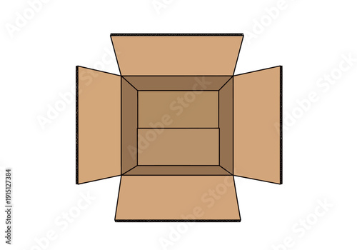 Open cardboard box viewed from above showing interior walls and flaps