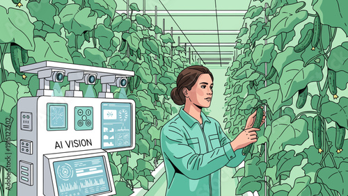 Woman and AI Vision Robot in Greenhouse Examining Plants.