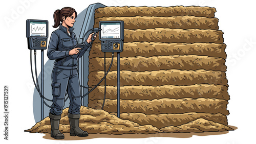 Woman Inspecting Straw Bale Wall with Monitoring Equipment.