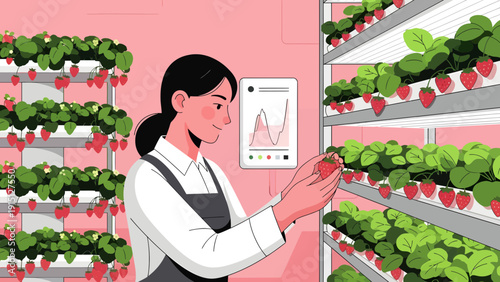 Woman Inspecting Strawberries in Vertical Farm with Smart Technology.
