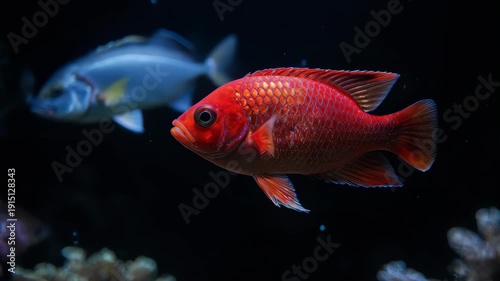 Vibrant red fish swimming in dark underwater environment