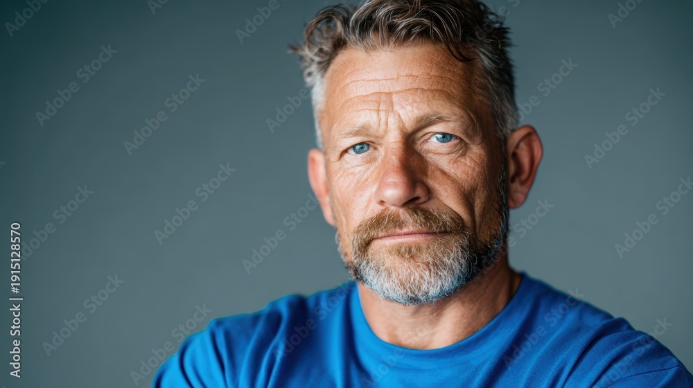 Obraz premium A rugged and confident middle-aged man with a beard is captured against a soft blue backdrop, showcasing his striking blue eyes and serious expression that exudes strength.